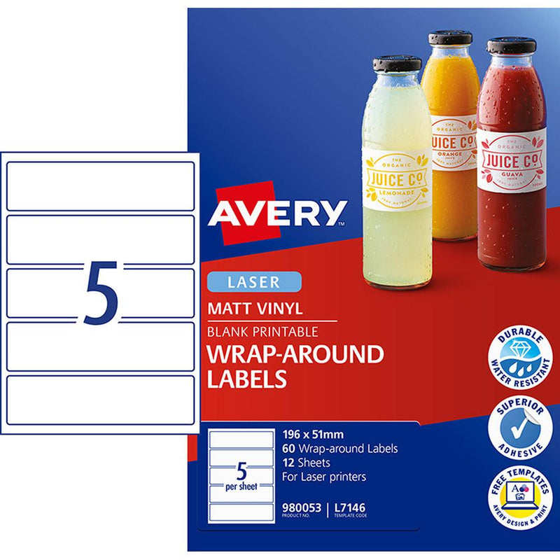 Avery Label L7146 Wrapround White Durable Laser 196x51mm 5up 12 Sheets - Office Connect 2018