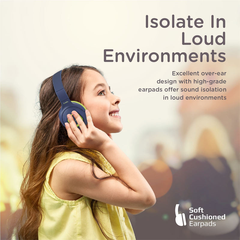 PROMATE Child-Safe Wireless Bluetooth Over-Ear Headphones. Up to 5 Hours Playback Time, Range 85-93dB. Built-in 300mAh Battery, 10m Operating Distance, Built-in Mic, Padded Ear Pads. Emerald Color