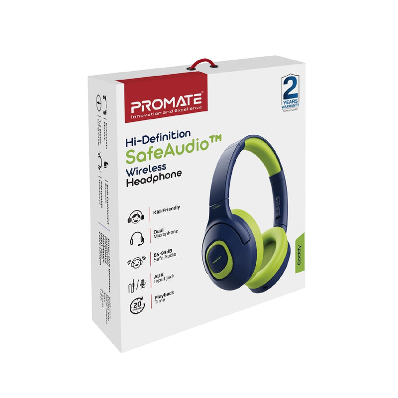 PROMATE Child-Safe Wireless Bluetooth Over-Ear Headphones. Up to 5 Hours Playback Time, Range 85-93dB. Built-in 300mAh Battery, 10m Operating Distance, Built-in Mic, Padded Ear Pads. Emerald Color