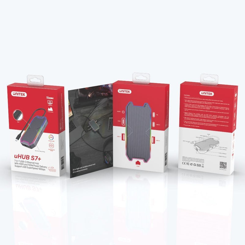 UNITEK 7-in-1 Multi-Port 100W PD Hub Supporting 10Gbps with USB-C Connector. Includes 2x USB-A 10Gbps Ports, 1x USB-C 10Gbps Port, 1x HDMI 4K60Hz Port, 1x RJ45 Gig JUNE Promo - Includes FREE C137W - Office Connect 2018