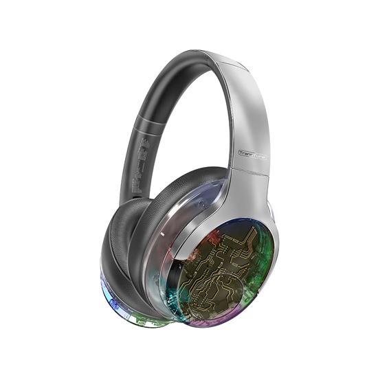 PROMATE HiFi Stereo Wireless Bluetooth Active Noice Cancelling Headphones with RGB Lighting. Flip & Fold Design. Up to 40Hrs Play Back. Inline Controls Touch Buttons. Silver Colour.