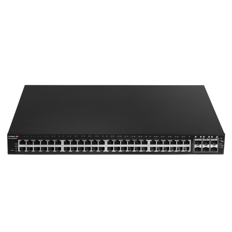 EDIMAX Industrial Surveillance VLAN 54-Port Gigabit PoE+ Web Smart Switch. 48 Gigabit Ethernet Ports, and 6 10GbE SFP+ Ports. PoE up to 200m at 10Mps. Supports up to 30W per Port.