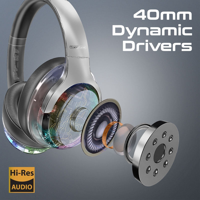 PROMATE HiFi Stereo Wireless Bluetooth Active Noice Cancelling Headphones with RGB Lighting. Flip & Fold Design. Up to 40Hrs Play Back. Inline Controls Touch Buttons. Silver Colour.