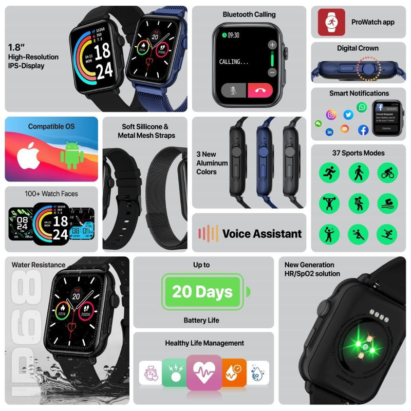 PROMATE IP68 Smart Watch with Handsfee & Large 1.8" DIsplay. Bluetooth Calling. Up to 20 Days Battery Life. Heart Rate/Step/Sleep Tracker. Find Phone. Alarm. 37x Multi-Sport Modes. Black - Office Connect 2018