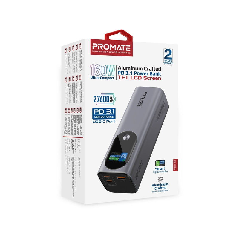 PROMATE 27600mAh 160W Ultra Compact Aluminium PD3.1 Power Bank with LCD Screen. Supports 1x 100W & 1x 140W USB-C Ports & 1x  22.5W QC USB-A Ports. Charge 3x Devices at the Same Time.