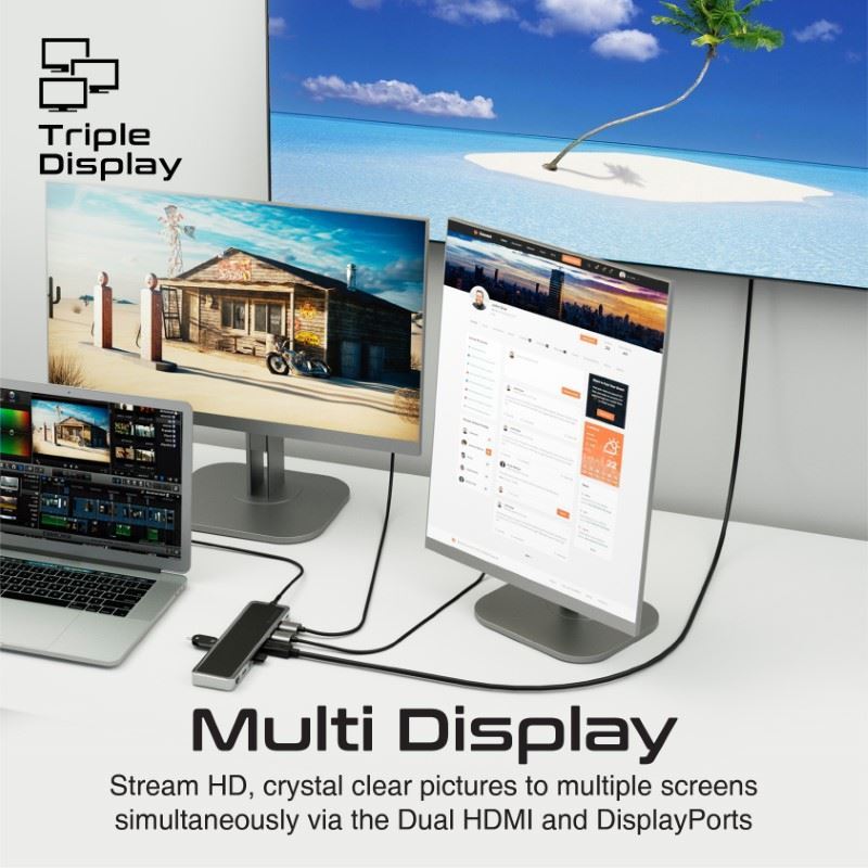 PROMATE 12-in-1 Multi-Port Hub. Includes 4x USB-A & 1x USB-C PD Port, 2x HDMI Ports, 1x RJ45 Gig Port, 1x Display Port, SD/TF Card Slots, 1x Aux Port. Silver/Black Colour. - Office Connect 2018