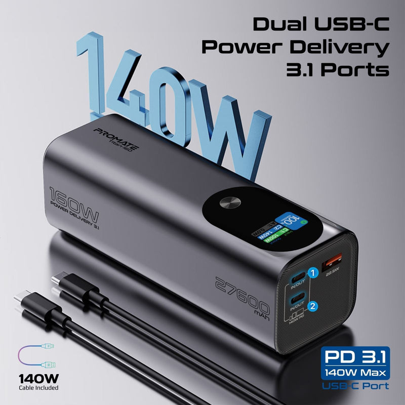 PROMATE 27600mAh 160W Ultra Compact Aluminium PD3.1 Power Bank with LCD Screen. Supports 1x 100W & 1x 140W USB-C Ports & 1x  22.5W QC USB-A Ports. Charge 3x Devices at the Same Time.