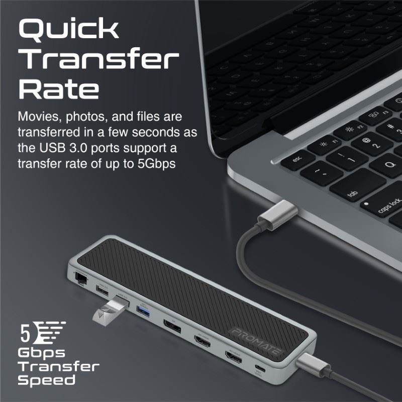 PROMATE 12-in-1 Multi-Port Hub. Includes 4x USB-A & 1x USB-C PD Port, 2x HDMI Ports, 1x RJ45 Gig Port, 1x Display Port, SD/TF Card Slots, 1x Aux Port. Silver/Black Colour. - Office Connect 2018