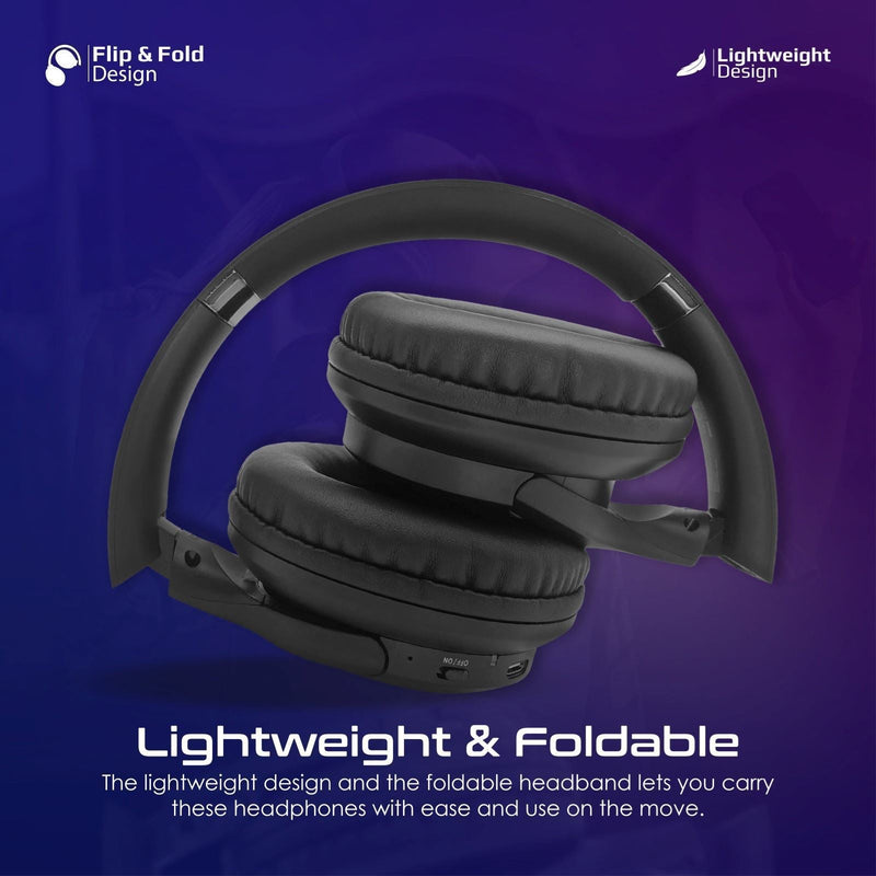 PROMATE High-Fidelity Stereo Deep Base Bluetooth Wireless Headphones. Up to 24 Hours Playing Time, Built-in 300mAh Battery, Flip & Fold Design, 10-15m Operating Distance, Wired or Wireless. Black