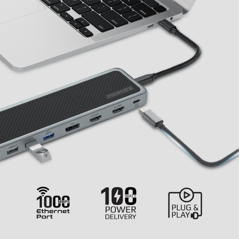 PROMATE 12-in-1 Multi-Port Hub. Includes 4x USB-A & 1x USB-C PD Port, 2x HDMI Ports, 1x RJ45 Gig Port, 1x Display Port, SD/TF Card Slots, 1x Aux Port. Silver/Black Colour. - Office Connect 2018