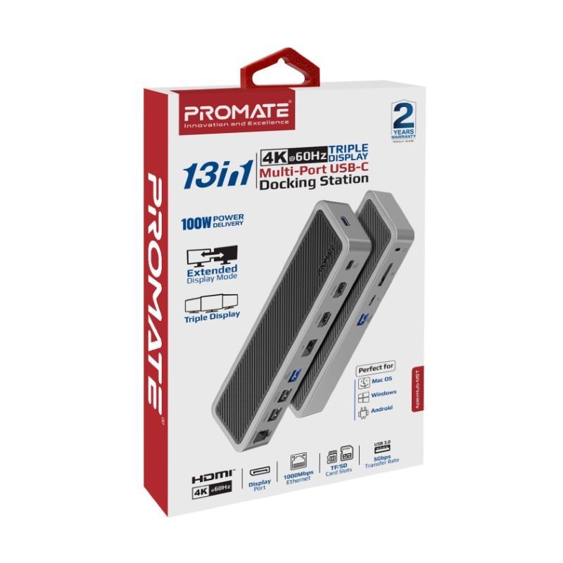 PROMATE 12-in-1 Multi-Port Hub. Includes 4x USB-A & 1x USB-C PD Port, 2x HDMI Ports, 1x RJ45 Gig Port, 1x Display Port, SD/TF Card Slots, 1x Aux Port. Silver/Black Colour. - Office Connect 2018