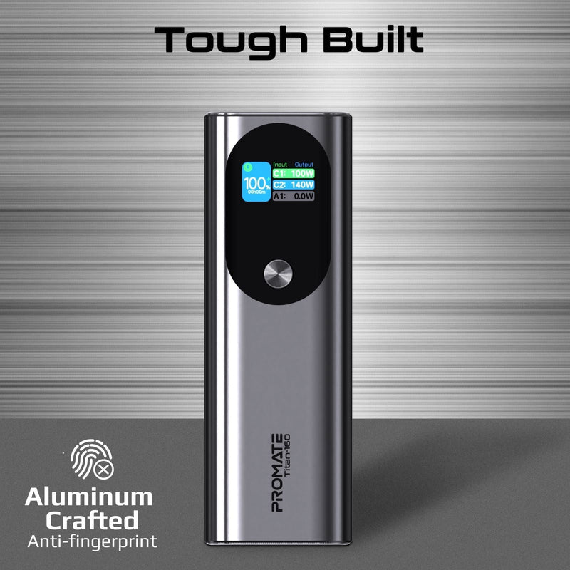 PROMATE 27600mAh 160W Ultra Compact Aluminium PD3.1 Power Bank with LCD Screen. Supports 1x 100W & 1x 140W USB-C Ports & 1x  22.5W QC USB-A Ports. Charge 3x Devices at the Same Time.