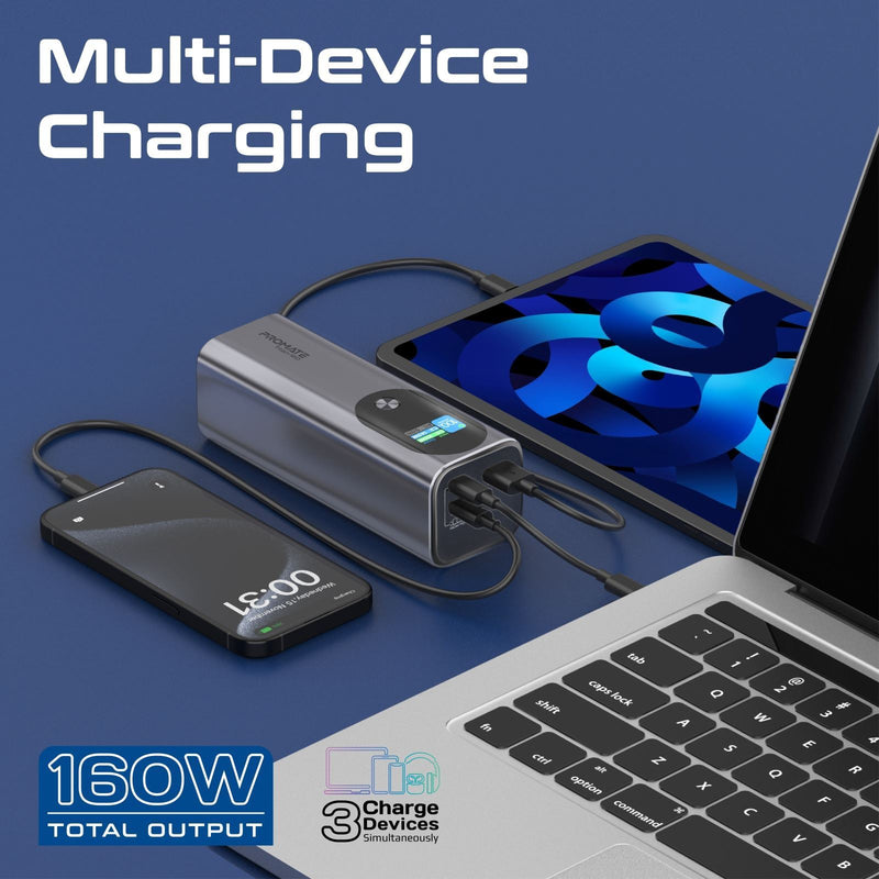 PROMATE 27600mAh 160W Ultra Compact Aluminium PD3.1 Power Bank with LCD Screen. Supports 1x 100W & 1x 140W USB-C Ports & 1x  22.5W QC USB-A Ports. Charge 3x Devices at the Same Time.