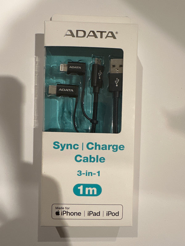 Adata Apple MFi-certified ADATA 3-in-1 Sync, USB Type A (M) to micro USB Type B (M) 1m Cable w/ USB Type-C & Lightning Adapters - Office Connect 2018