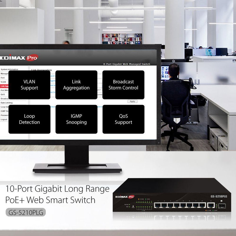 EDIMAX 10-Port Gigabit PoE+ Web Smart Switch with 1x SFP Port. Supports PoE+ up to 30W. Long Range PoE up to 200m. Powered Device Auto Detection. Supports 20Gbps Switching Capacity. Rack Mount - Office Connect 2018