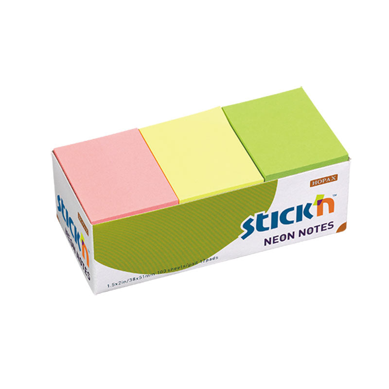 Stick'n Note 38x50mm 100 Sheet Neon Assorted Pack 12