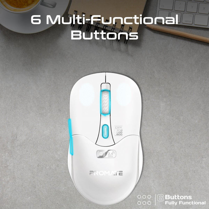 PROMATE Rechargeable Wireless Mouse with BT & RF Connectivity. 800/1200/1600Dpi. Built-in 500mAh Battery. Range Up to 10m. 50cm Charging Cable. USB-C Port. 6x Fully Fuctional Buttons. White