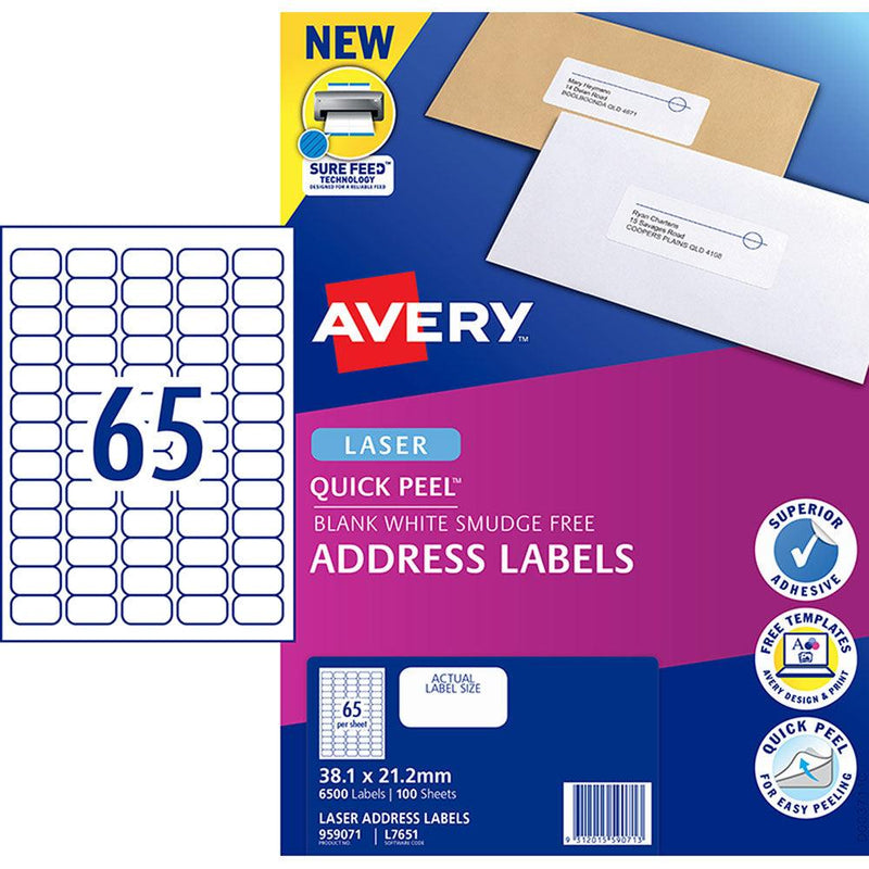 Avery Label L7651-100 White 38.1x21.2mm 65up 100 Sheets - Office Connect 2018