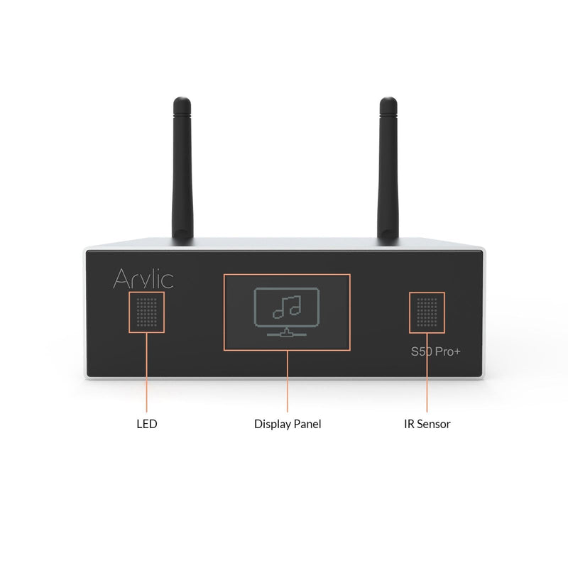 ARYLIC Compact Streamer. Supports Wifi & Bluetooth 5.0. Supports AirPlay DLNA, UPnP, Spotify & Qplay. RJ45 Port, IR Sensor, LED Display, RCA Input, Optical Input. Weight 0.4kg, black.