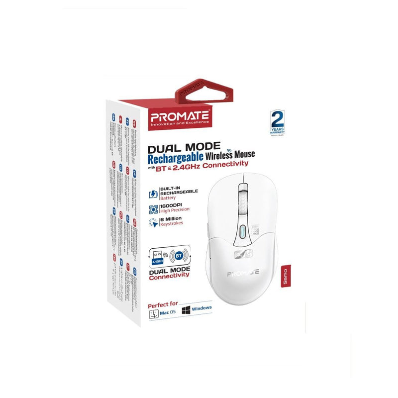 PROMATE Rechargeable Wireless Mouse with BT & RF Connectivity. 800/1200/1600Dpi. Built-in 500mAh Battery. Range Up to 10m. 50cm Charging Cable. USB-C Port. 6x Fully Fuctional Buttons. White