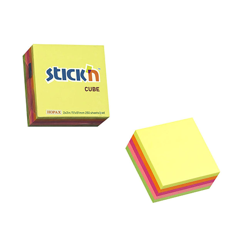 Stick'n Note Cube 51x51mm 250 Sheets Neon - Office Connect 2018