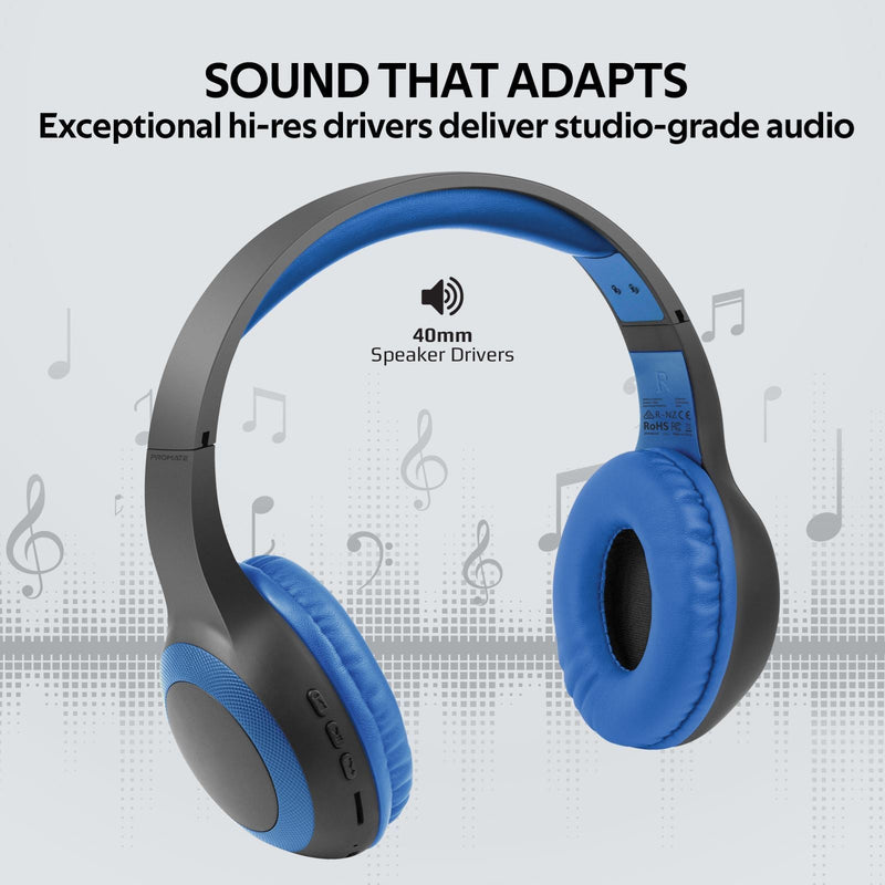 PROMATE Deep Base Bluetooth V5.0 Wireless Over-ear Headphones. Up to 5 Hours Playback, Built-in 200mAh Battery. 10m Operating Distance. Exceptional hi-res Driver Blue Colour. - Office Connect 2018