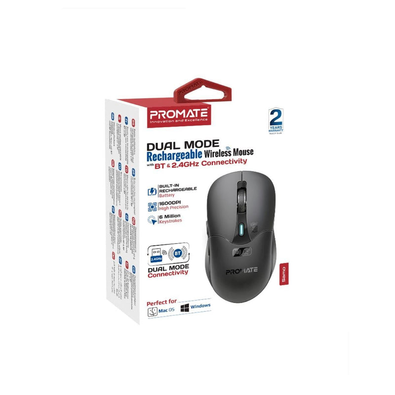 PROMATE Rechargeable Wireless Mouse with BT & RF Connectivity. 800/1200/1600Dpi. Built-in 500mAh Battery. Range Up to 10m. 50cm Charging Cable. USB-C Port. 6x Fully Fuctional Buttons. Black