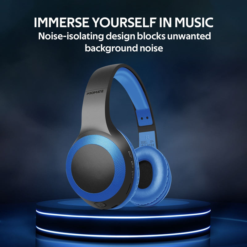 PROMATE Deep Base Bluetooth V5.0 Wireless Over-ear Headphones. Up to 5 Hours Playback, Built-in 200mAh Battery. 10m Operating Distance. Exceptional hi-res Driver Blue Colour. - Office Connect 2018