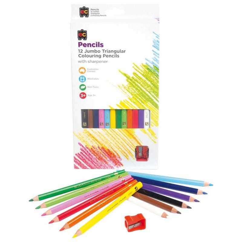 EC Triangular Jumbo Pencils Pack 12 Washable Assorted Colours With Sharpener - Office Connect 2018