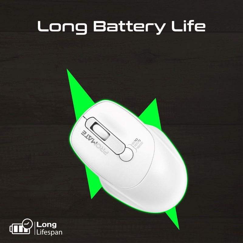 PROMATE EZGrip Ambidextrous Ergonomic Wireless Mouse. 800/1200/1600Dpi, Easy Plug & Play, Up to 6 Millon Keystrokes, Lag-free, Long Life Battery with Low Power Consumption. White Colour - Office Connect 2018