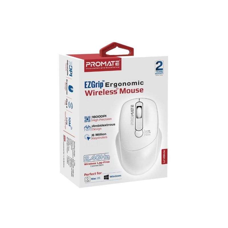 PROMATE EZGrip Ambidextrous Ergonomic Wireless Mouse. 800/1200/1600Dpi, Easy Plug & Play, Up to 6 Millon Keystrokes, Lag-free, Long Life Battery with Low Power Consumption. White Colour - Office Connect 2018