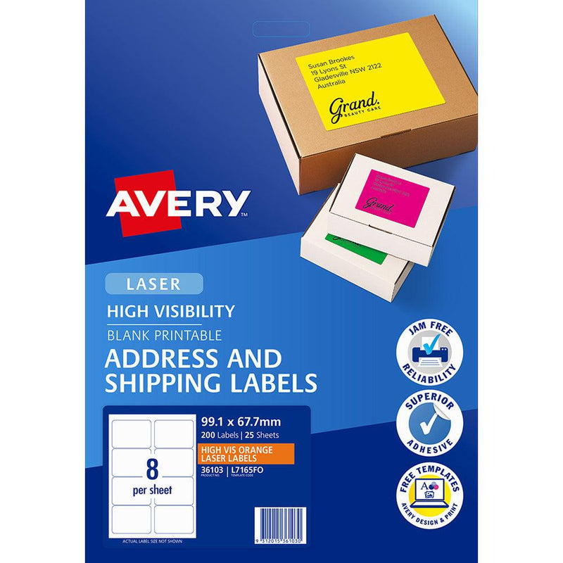 Avery Shipping Label L7165FO Fluoro Orange 99.1x67.7mm 8up 25 Sheets - Office Connect 2018