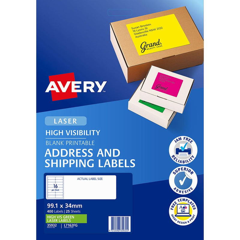 Avery Shipping Label L7162FG Fluoro Green 99.1x34mm 16up 25 Sheets Laser - Office Connect 2018