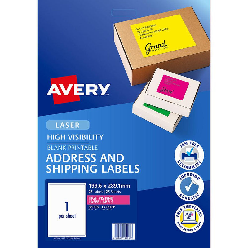 Avery Shipping Label L7167FP Flo Pink Laser 199.6 X 289.1mm 1up 25 Sheets - Office Connect 2018