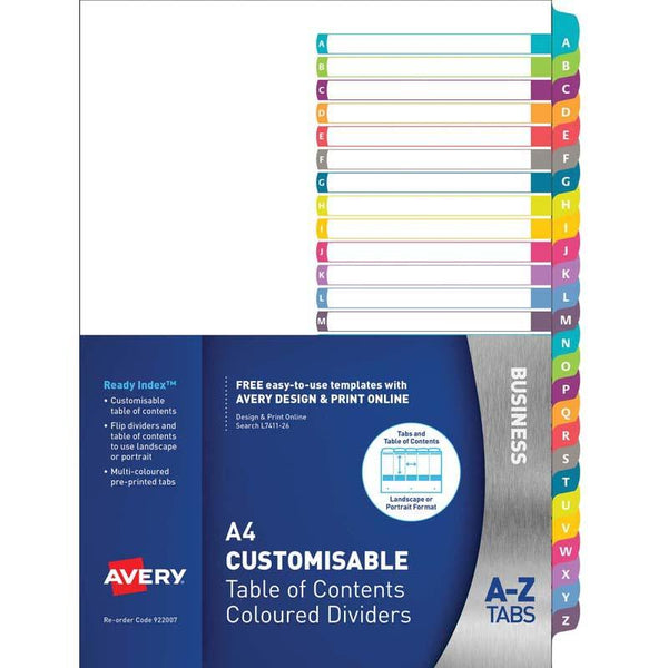 Avery Customisable Table Of Contents A4 A-Z Tabs Coloured L7411-26 - Office Connect 2018