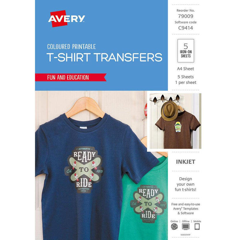 Avery Tshirt Transfer Inspired C9414 A4 Dark Coloured 1up 5 Sheets - Office Connect 2018