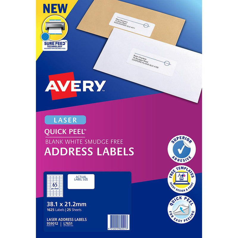 Avery Label L7651 Quick Peel White 65up 25 Sheets 38x21mm - Office Connect 2018