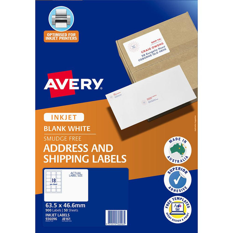 Avery Label J8161-50 Inkjet 18up 50 Sheets 63x46mm - Office Connect 2018