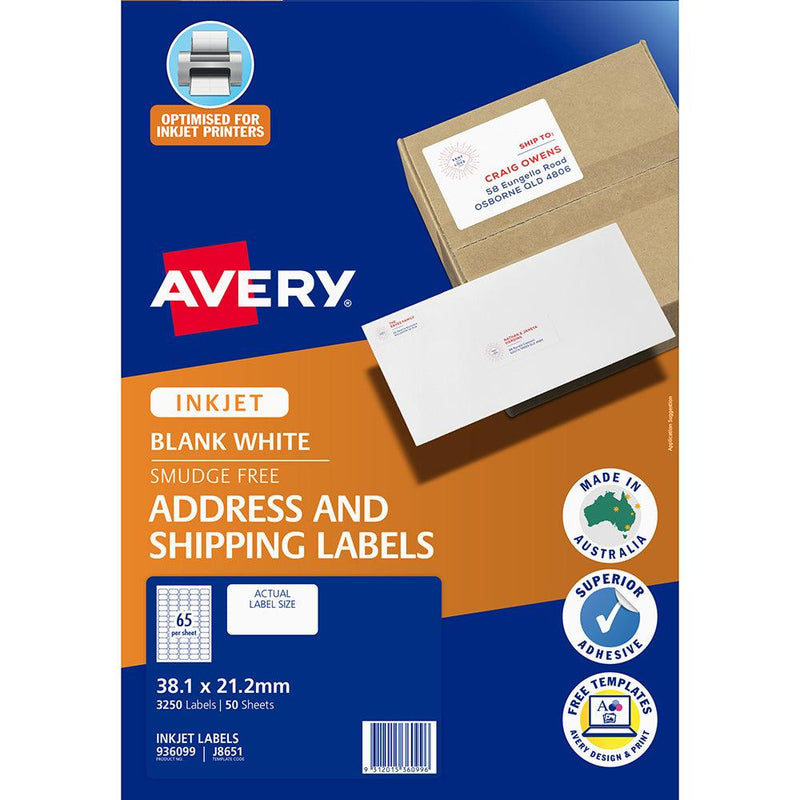 Avery Label J8651-50 Inkjet 65up 50 Sheets 38x21mm - Office Connect 2018