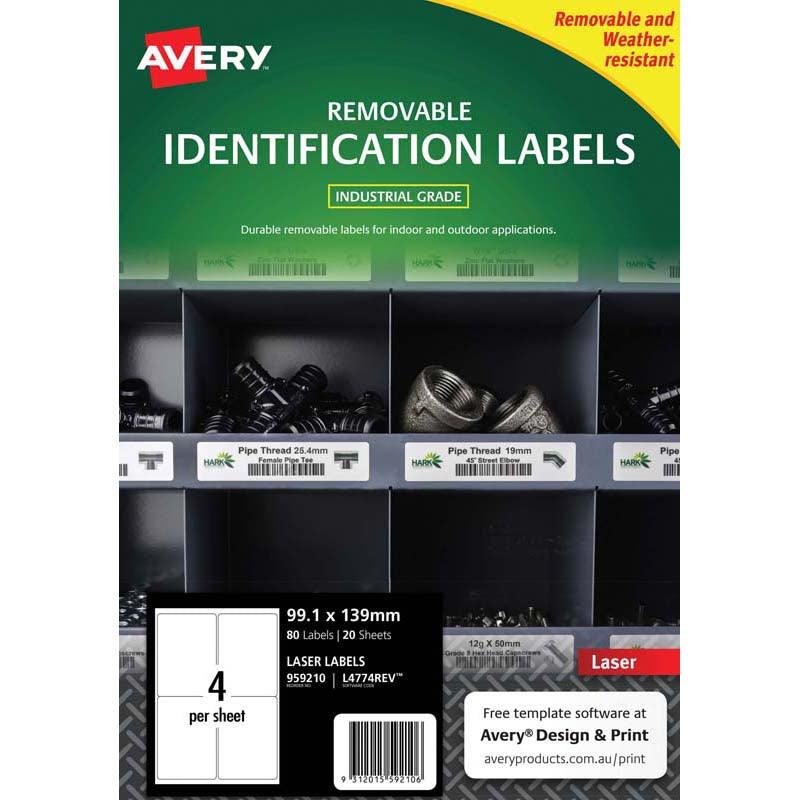 Avery Weather Resistant Removable Label L4774 Laser 99.1x139mm White 4up 20 Sheets - Office Connect 2018