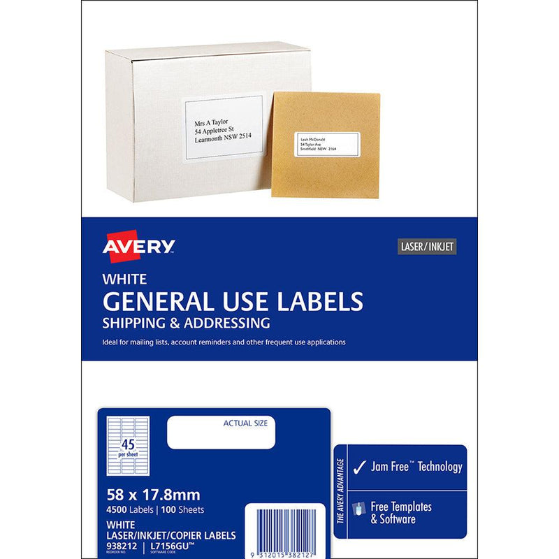 Avery Label L7156 General Use 58x17.8mm 45up 100 Sheets - Office Connect 2018