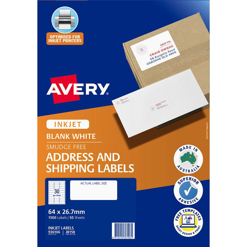 Avery Label J8158-50 Inkjet 30up 50 Sheets 64x26mm - Office Connect 2018