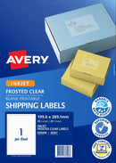 Avery Label J8567 Frosted Clear 199.6x289.1mm 1up 25 Sheets Inkjet - Office Connect 2018