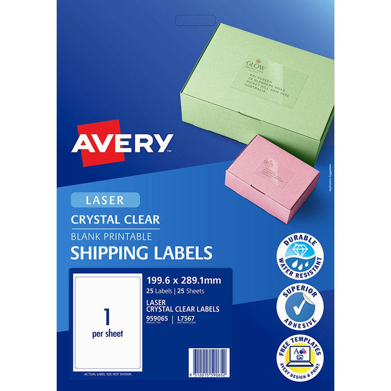 Avery Label L7567-25 Crystal Clear 1up 25 Sheets 199x289mm - Office Connect 2018