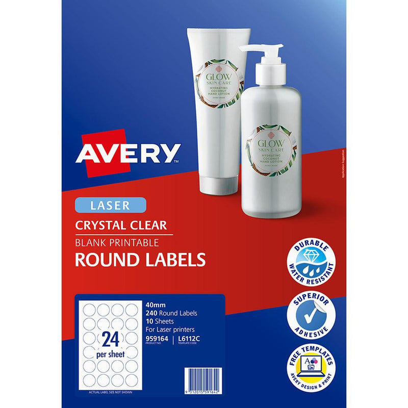 Avery Label L6112C Crystal Clear Round 40mm 24up 10 Sheets - Office Connect 2018