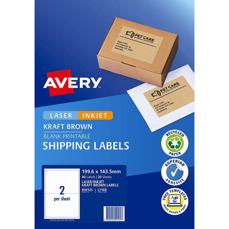 Avery Shipping Labels L7168 Brown Kraft 199.6x143.5mm 2up 20 Sheets - Office Connect 2018