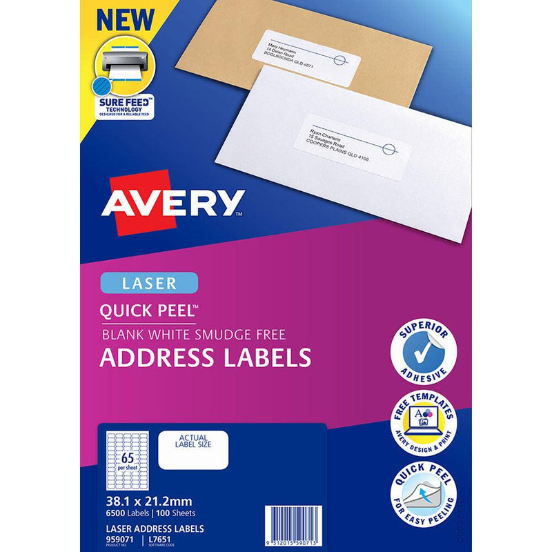 Avery Label L7651-100 White 38.1x21.2mm 65up 100 Sheets - Office Connect 2018