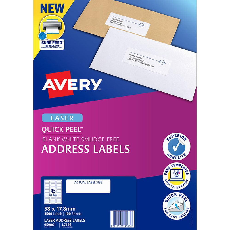 Avery Label L7156-100 58x17.8mm 45up 100 Sheets - Office Connect 2018