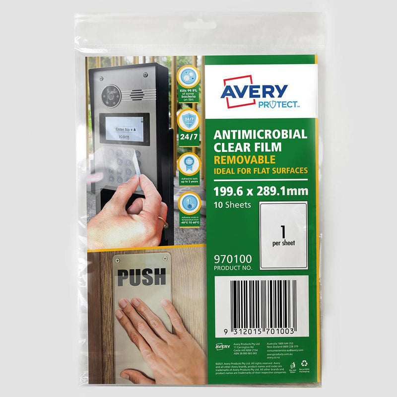 Avery Protect Anti-Microbial Film Removable A4 1up 10 Sheets 199x289mm - Office Connect 2018