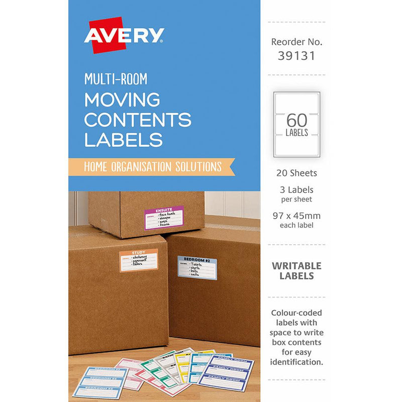 Avery Moving Labels 39131 Assorted Colours 97x45mm 3up 20 Sheets - Office Connect 2018